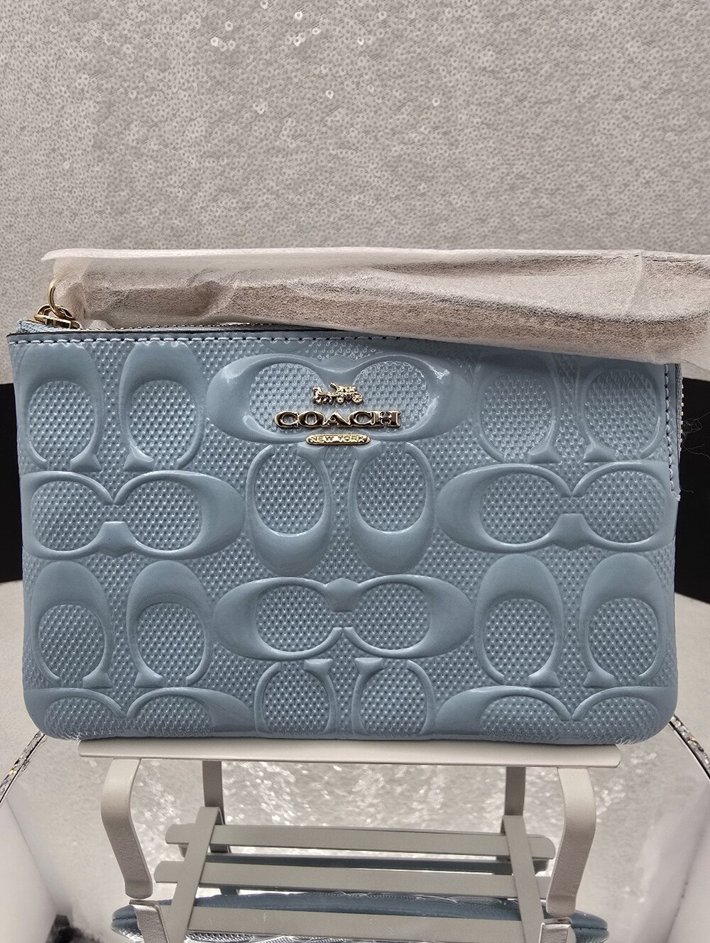 Coach Light Blue Pearlized Signature Patent Leather Wristlet Pouch